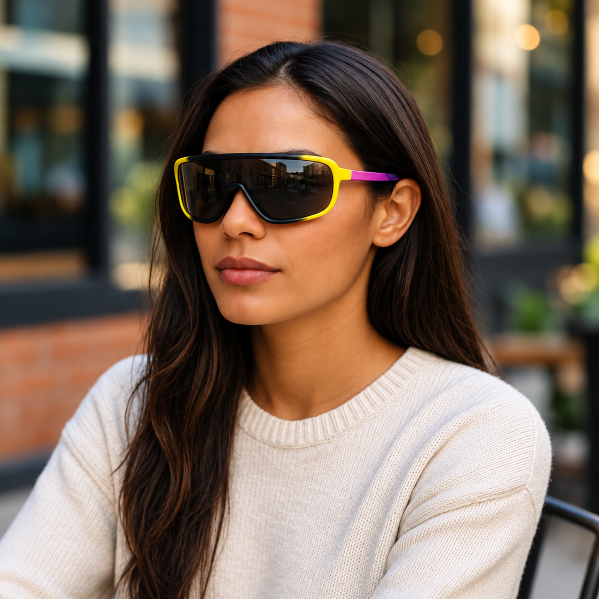 A woman with long dark hair wearing oversized shield-style sunglasses with a bright yellow frame, purple temple arm, and dark lenses, paired with a cream knit sweater in an outdoor setting.