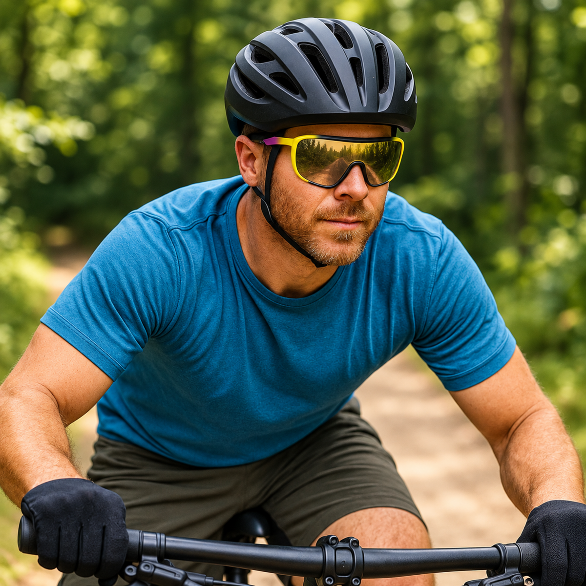A man riding a bicycle on a forest path, wearing a black helmet, yellow-tinted sunglasses, a blue t-shirt, and black gloves.