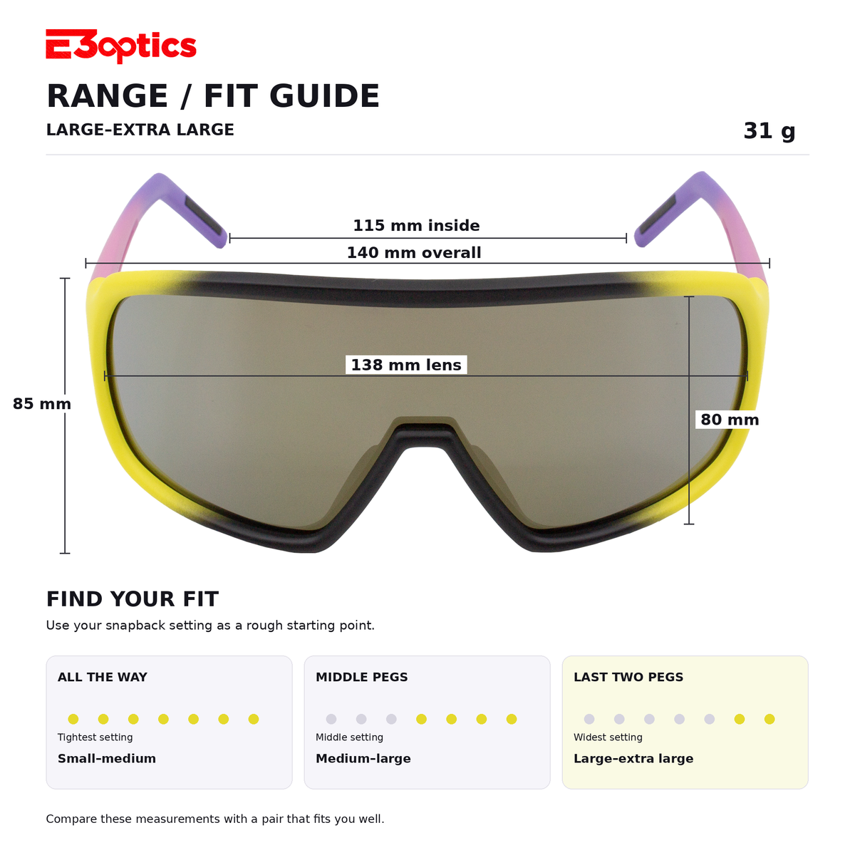 E3optics Range / Fit Guide for large-extra large safety glasses, showing a front view of the glasses with measurement labels for lens size, inside width, overall width, height, and frame dimensions, plus fit guidance for small, medium-large, and large-extra large sizes.