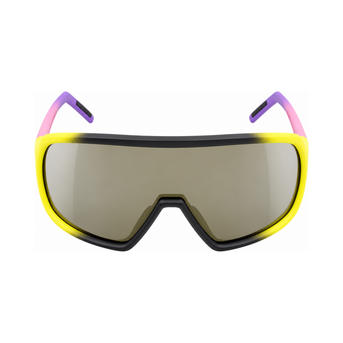 A pair of shield-style safety glasses with a bright yellow frame, black trim, pink and purple temple tips, and a large tinted lens, shown on a plain white background.
