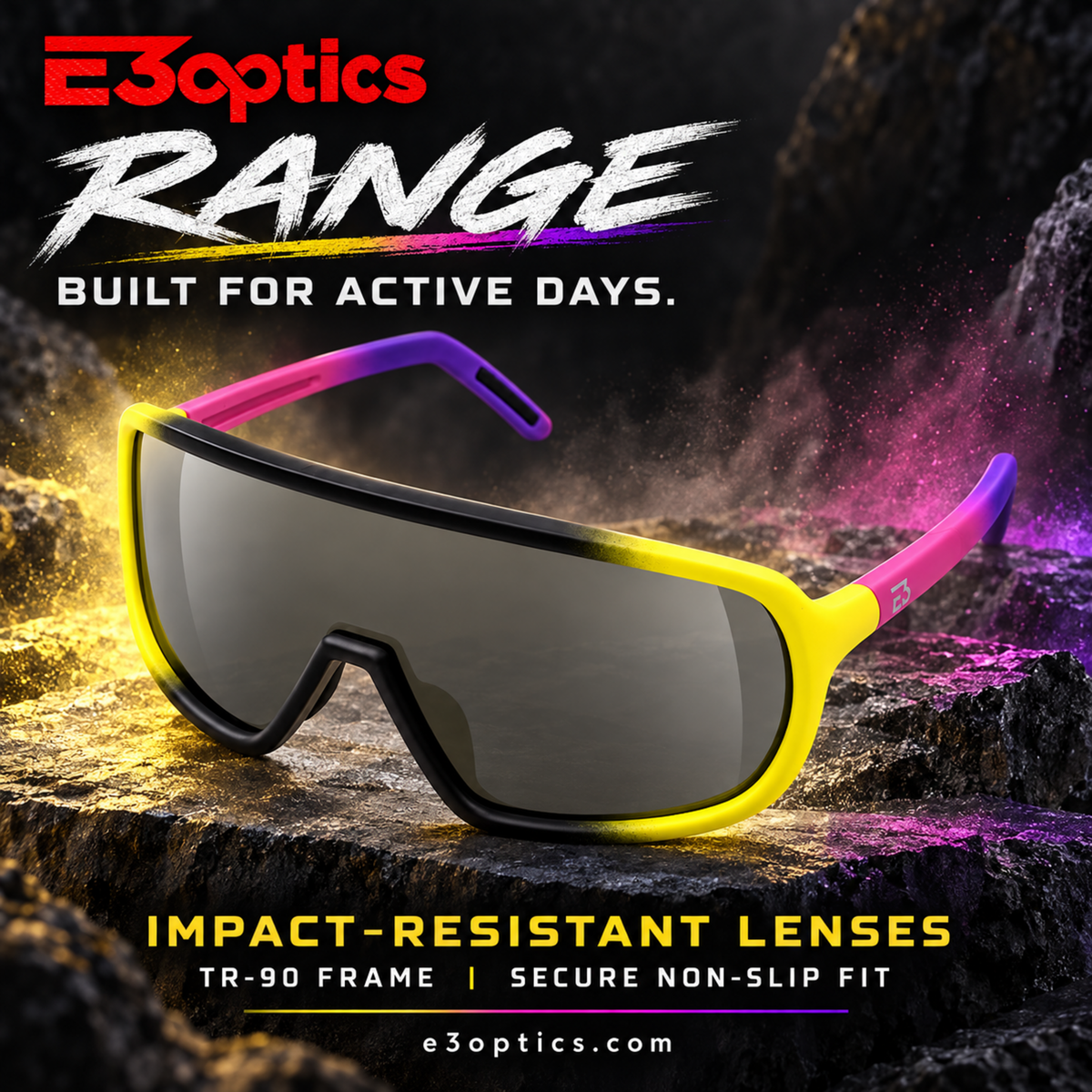 E3optics Range impact-resistant shield sunglasses with a TR-90 frame, featuring a yellow-to-pink gradient frame and dark tinted lenses, set against a dark rocky background with purple and yellow lighting effects.