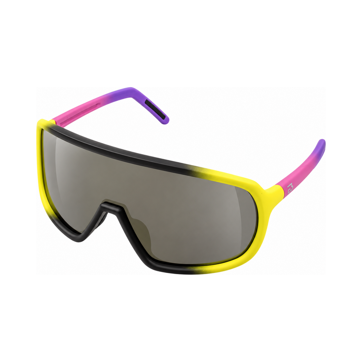 Sport sunglasses with a bright yellow and purple gradient frame, pink and purple gradient temples, and a dark gray shield lens.