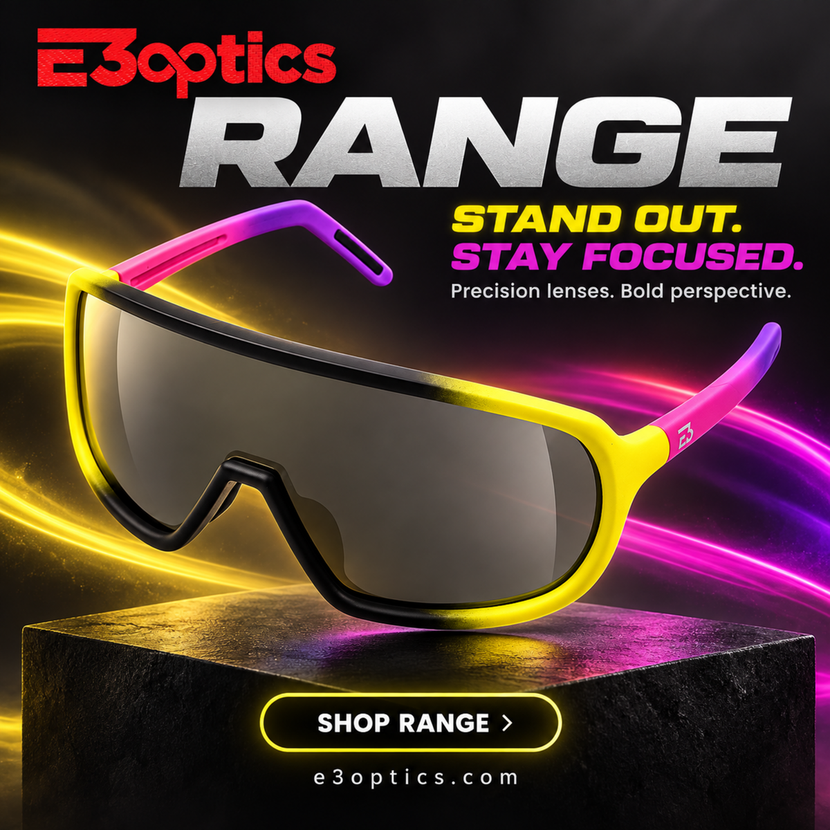 E3optics Range shield sunglasses with a bright yellow and pink frame, dark lenses, and bold promotional text on a dark graphic background.