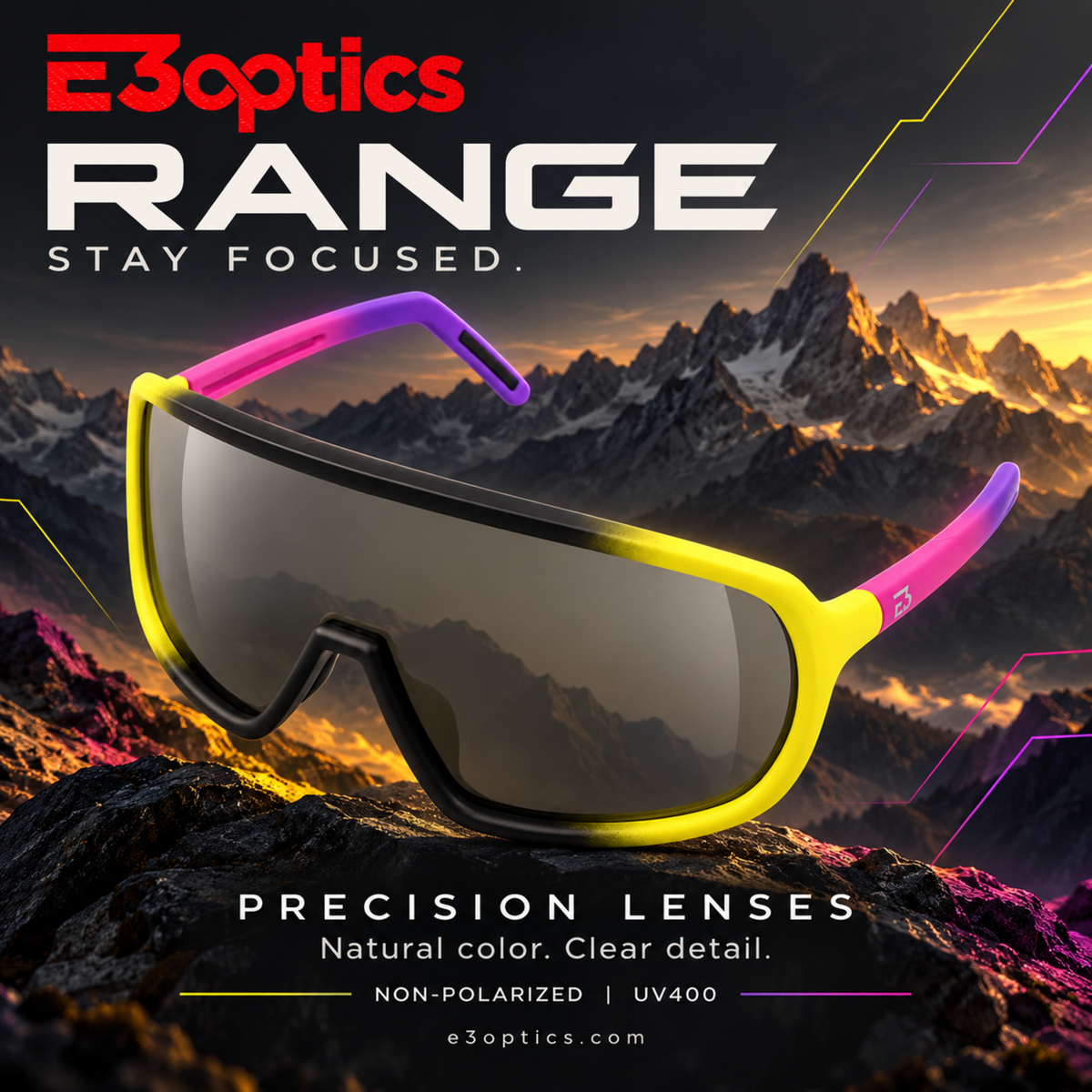 E3optics Range sports sunglasses with a yellow-to-purple gradient frame and dark tinted lenses, set against a dramatic mountain landscape at sunset. Text highlights precision lenses and UV400 protection.