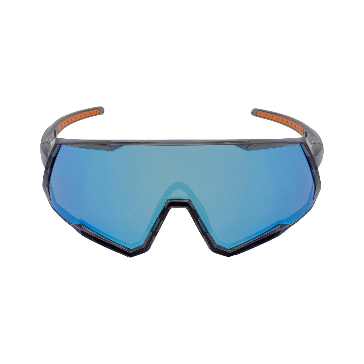 Shield-style sports sunglasses with a blue mirrored lens and a dark gray frame with orange accents on the temple tips, shown on a plain white background.