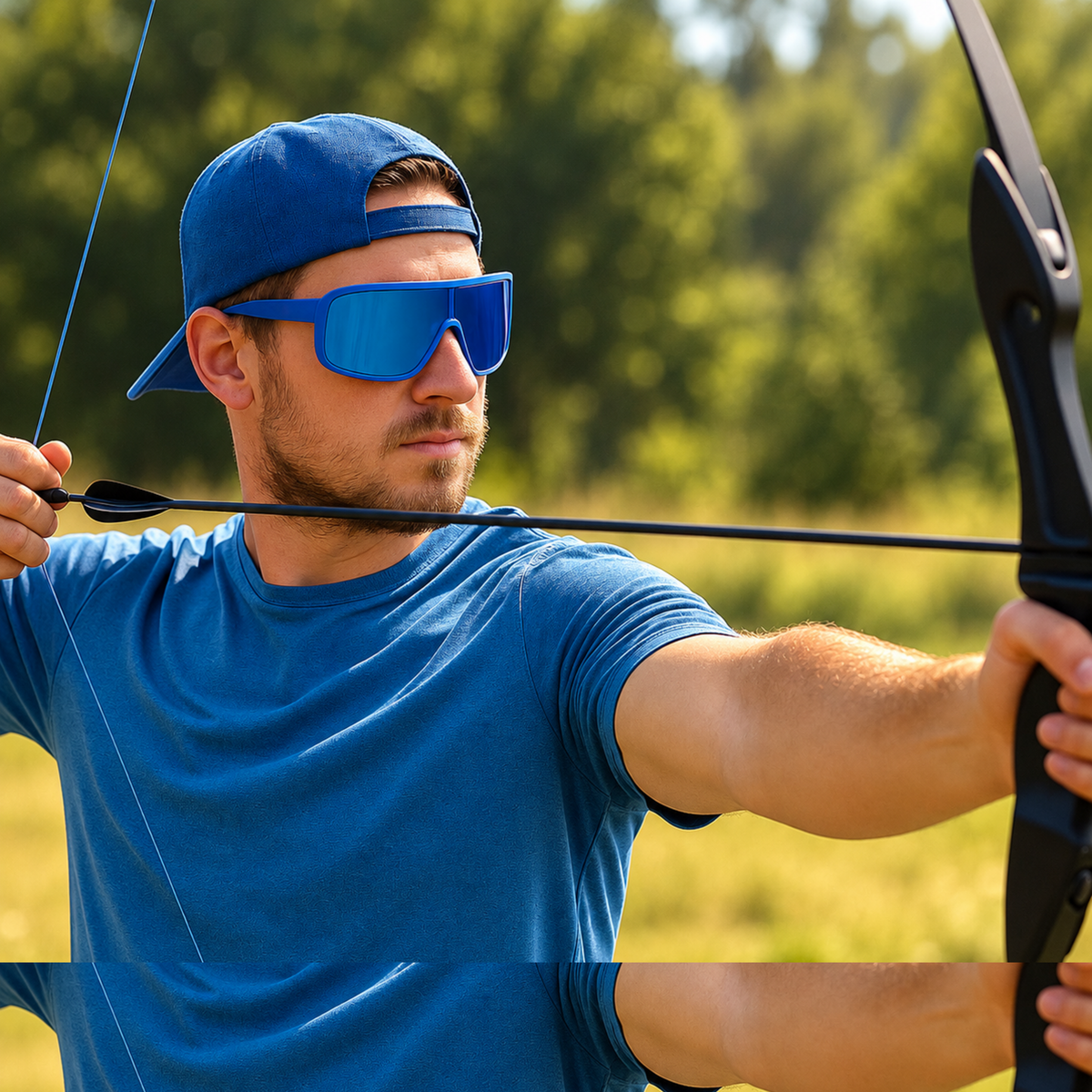 Archer drawing a bow while wearing blue E3 Span shield sunglasses outdoors.
