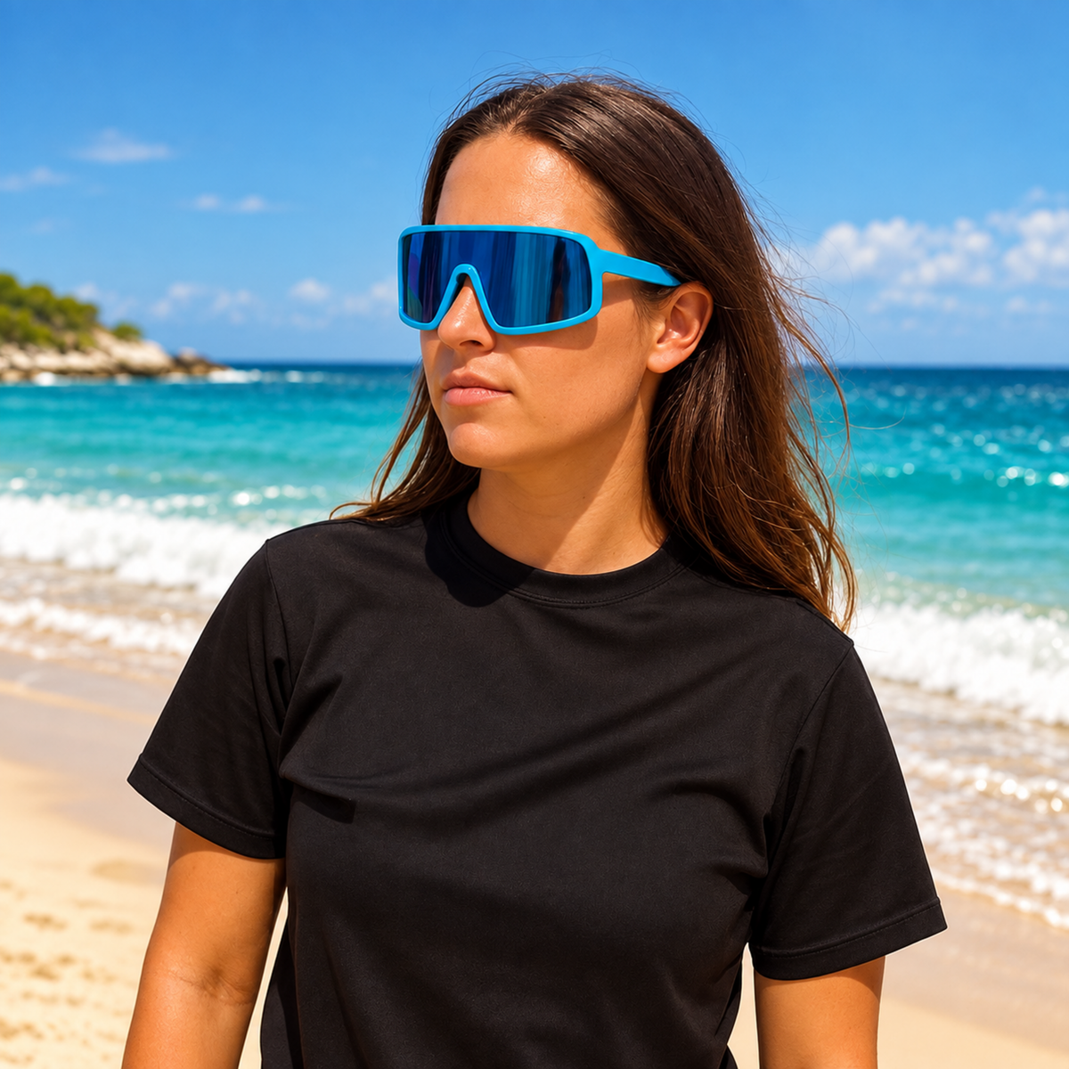 A woman wearing bright blue oversized shield sunglasses with mirrored blue lenses and a black t-shirt, standing on a sunny beach with turquoise ocean water and a blue sky in the background.
