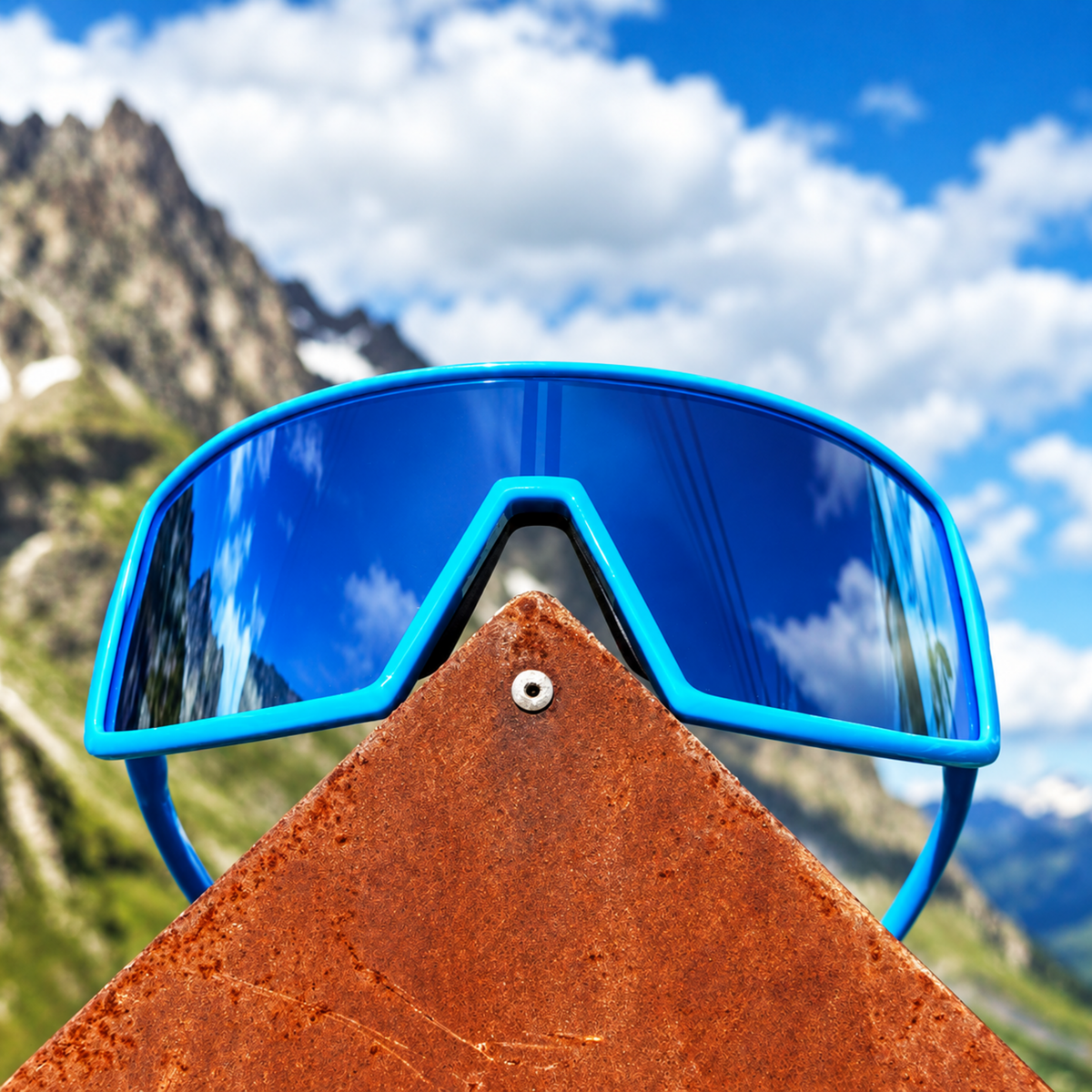 Blue mirrored sport sunglasses with a bright blue frame, resting on a rusty metal surface with a mountain and cloudy sky background.