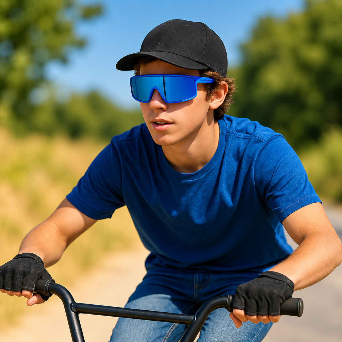 A young man riding a bicycle outdoors wearing a black baseball cap, blue mirrored shield-style sunglasses, a blue t-shirt, black gloves, and blue jeans.