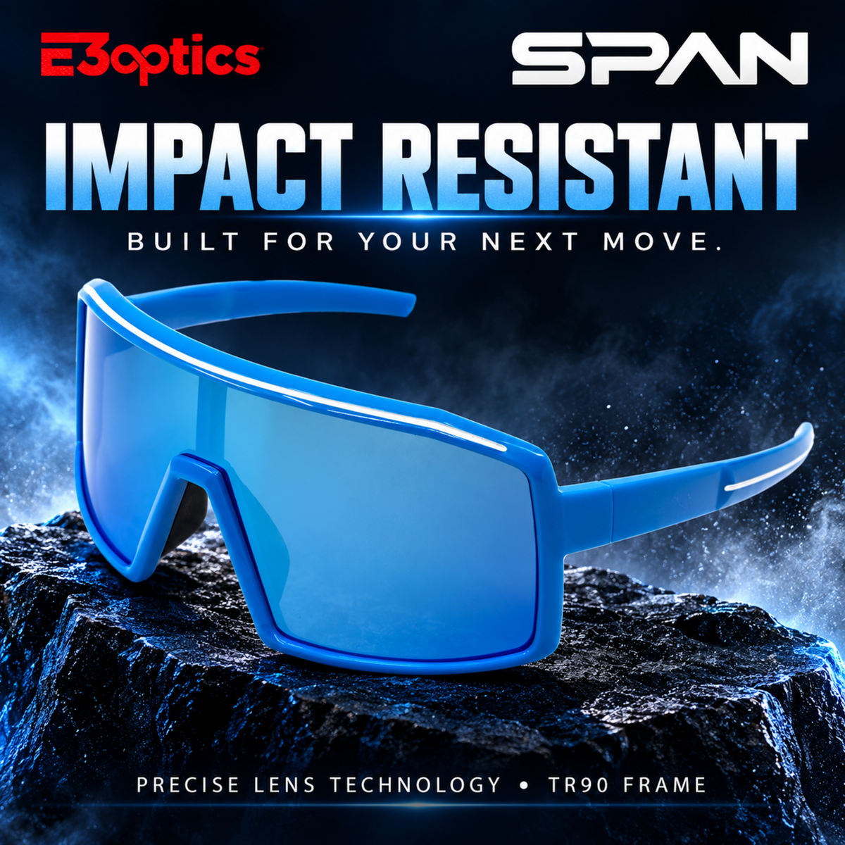 Blue E3optics SPAN impact-resistant shield sunglasses with a precise lens technology TR90 frame, shown resting on a dark rock with a smoky blue background and bold promotional text.