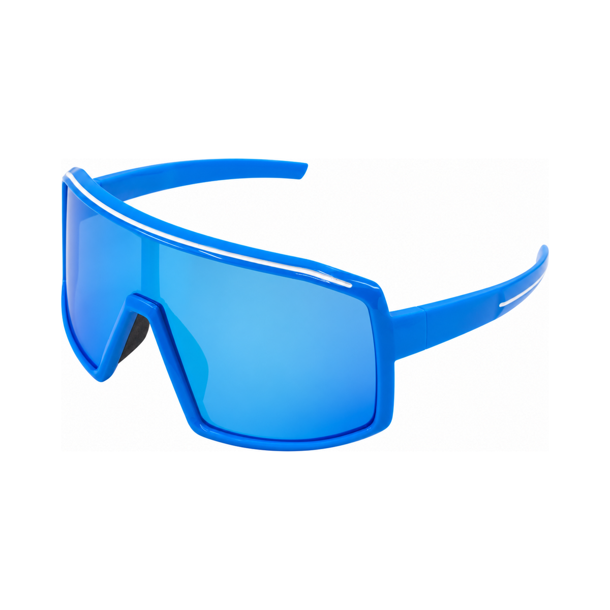 E3 Span sunglasses with a blue frame and blue mirrored shield lens, shown at a three-quarter angle.
