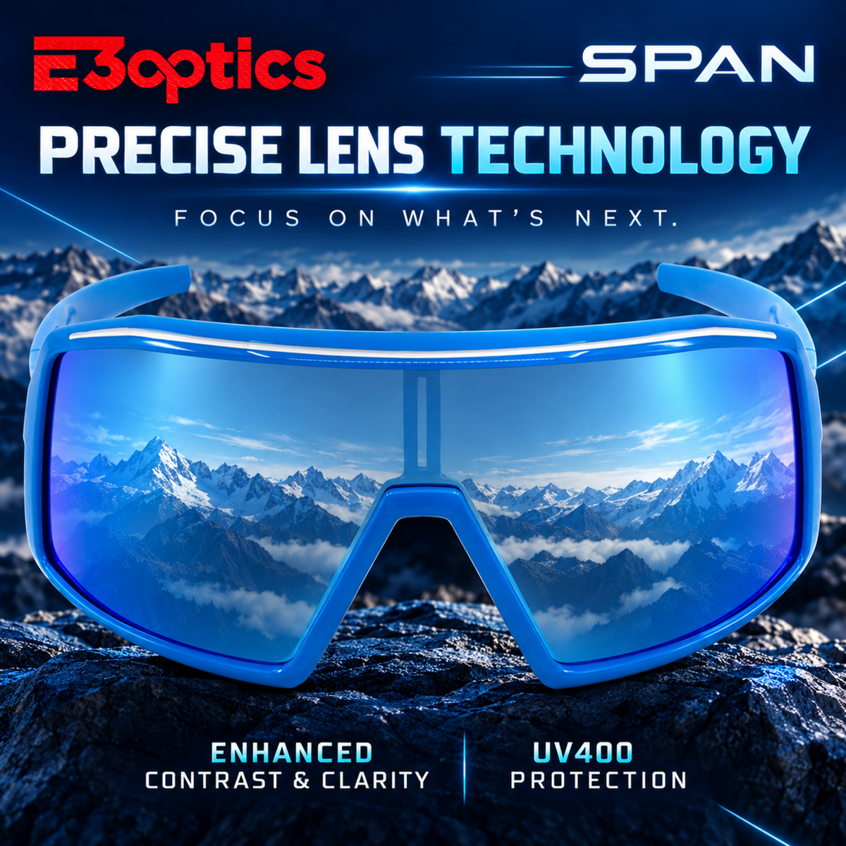 Span blue shield sunglasses highlighting Precise Lens Technology, enhanced contrast and clarity, and UV400 protection.