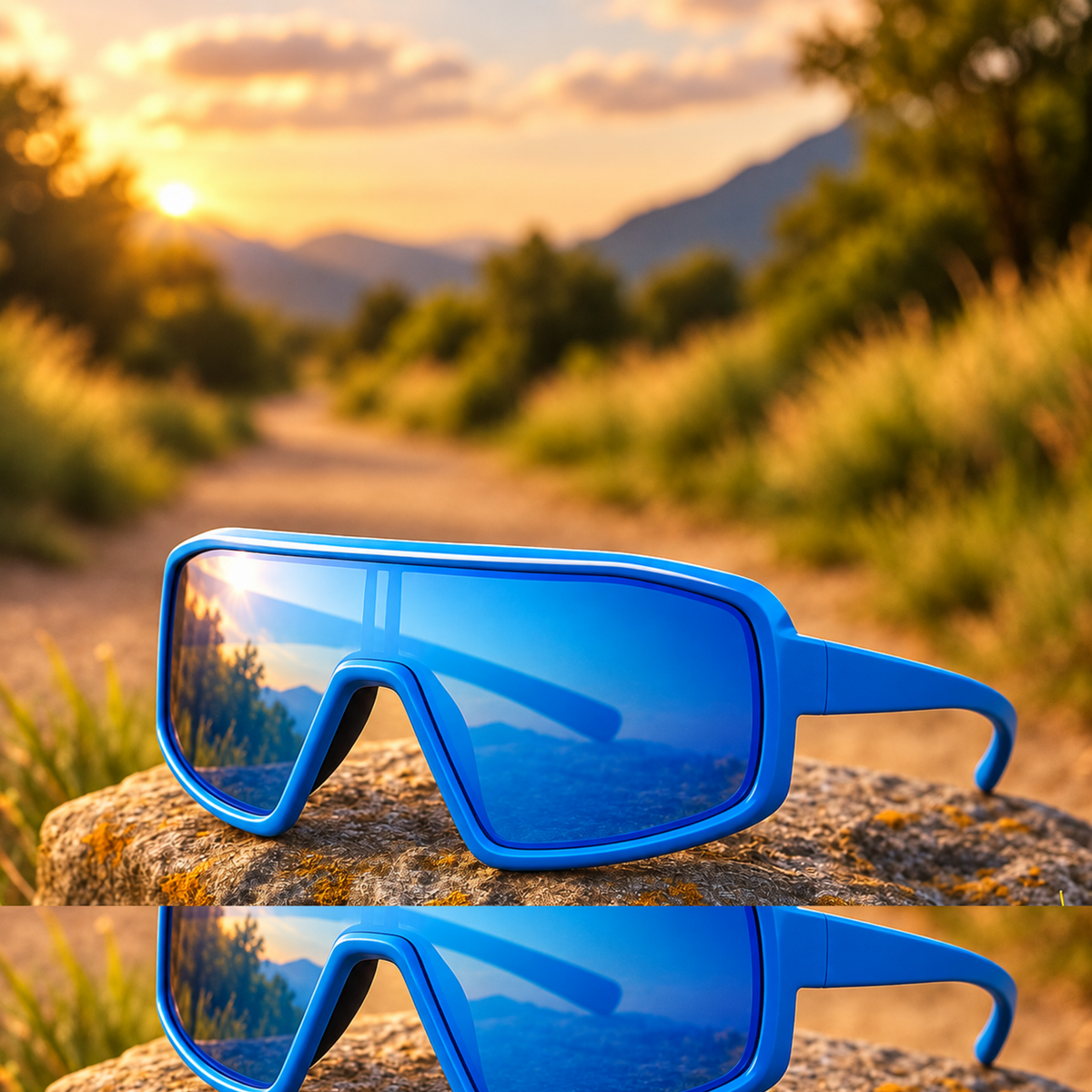 Blue oversized shield-style sunglasses resting on a rock outdoors, with a blurred mountain path at sunset in the background and a mirrored reflection below.