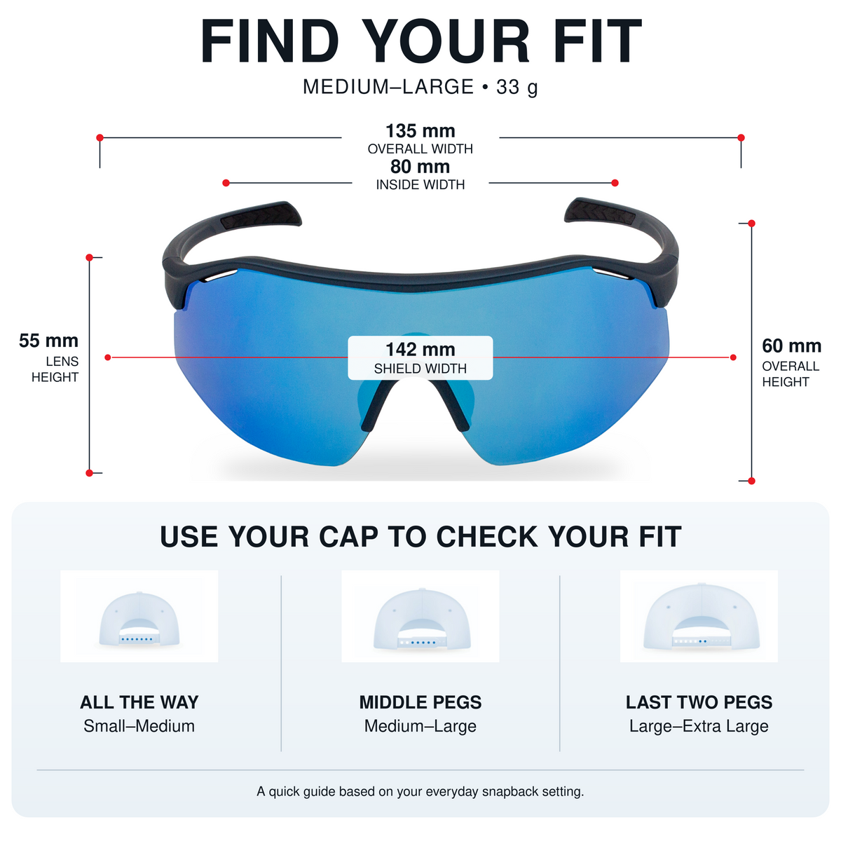 E3 Optics Trace fit guide: medium to large, 33 grams, 135 mm frame width, with lens measurements and cap sizing tips.