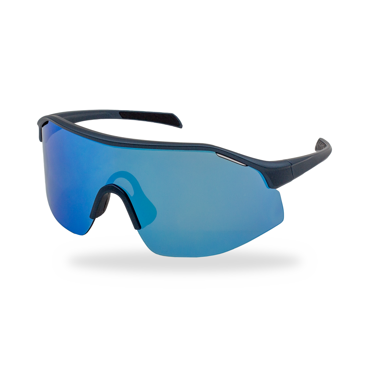 Sport sunglasses with a dark navy blue frame and a large blue mirrored shield lens, shown on a clean white background with a soft shadow.