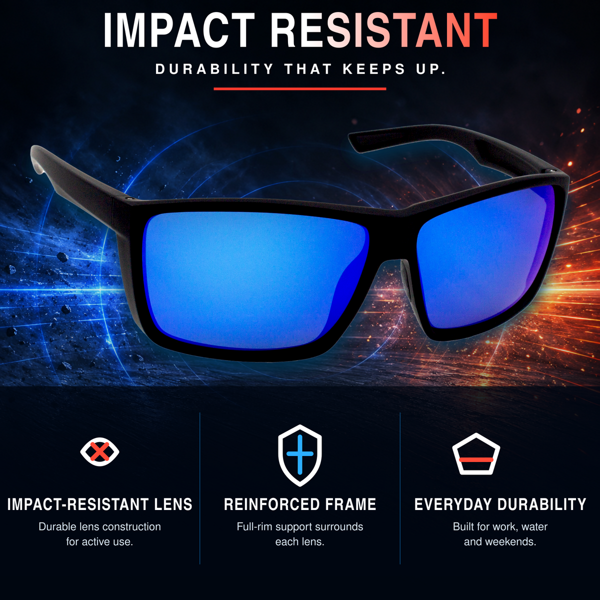 Black impact-resistant sunglasses with blue mirrored lenses, shown against a dark cosmic background with text highlighting durability features.