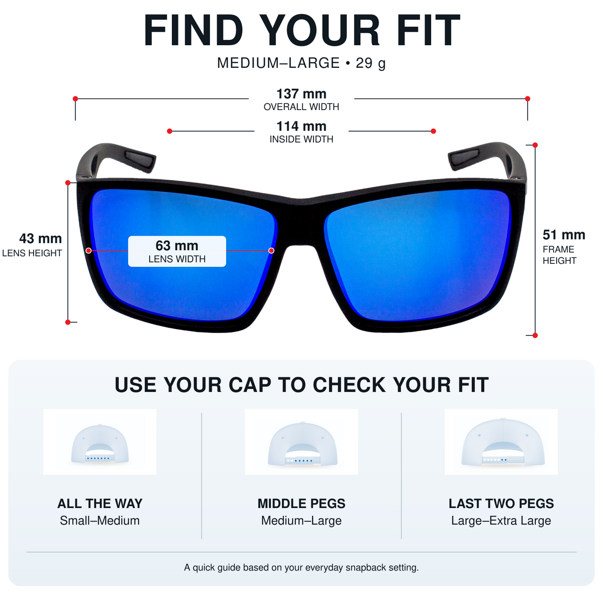A fit guide graphic for sunglasses showing a black-framed blue mirrored lens pair with labeled dimensions for overall width, inside width, lens height, lens width, and frame height. Text reads 'FIND YOUR FIT' and 'MEDIUM-LARGE • 29 g,' with a second section explaining cap-peg fit for small, medium-large, and large sizes.