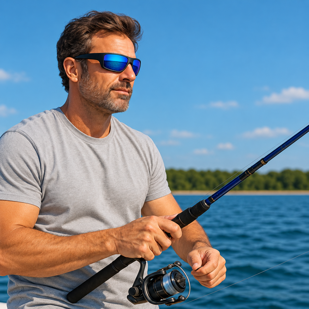 A man wearing blue mirrored sunglasses and a gray t-shirt is fishing on a lake with a blue sky and trees in the background.