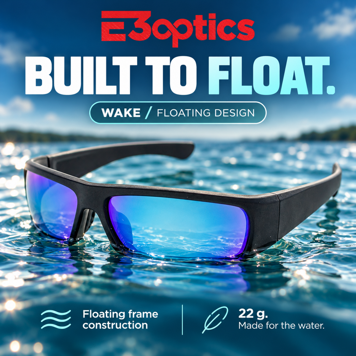 E3optics Wake / Floating Design sunglasses with a matte black frame and mirrored blue-purple lenses, shown floating on water with promotional text and icons about the floating frame construction and 22 g weight.