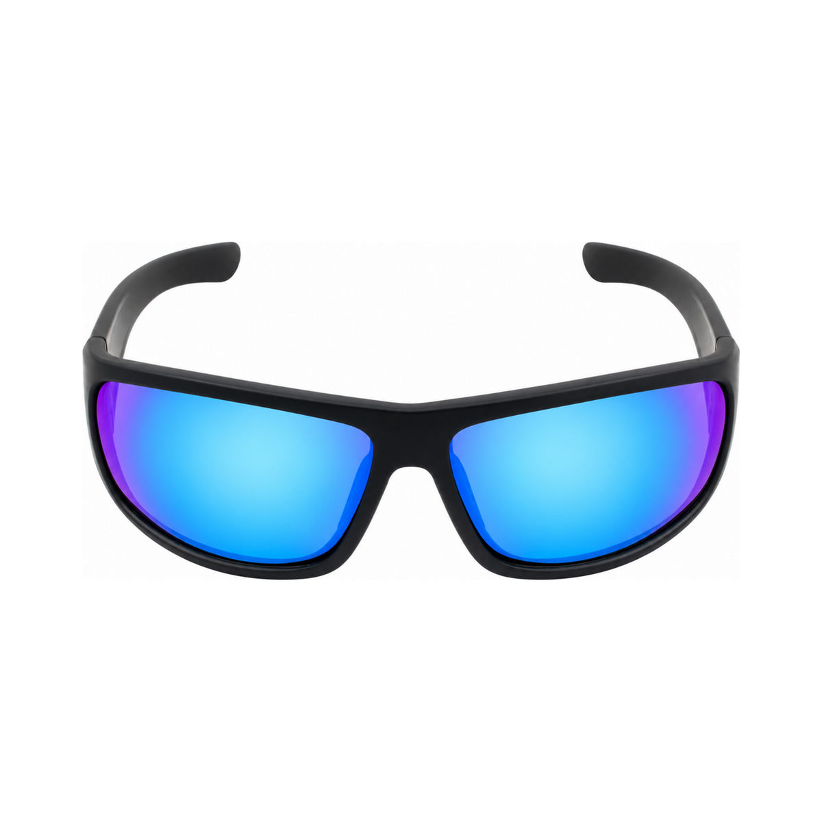 Black wrap-around sunglasses with vibrant blue mirrored lenses that reflect purple tones, shown against a plain white background.
