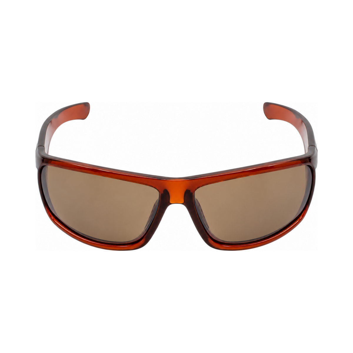 Shield-style sport sunglasses with a translucent amber-brown frame and tinted brown lenses, shown against a plain white background.
