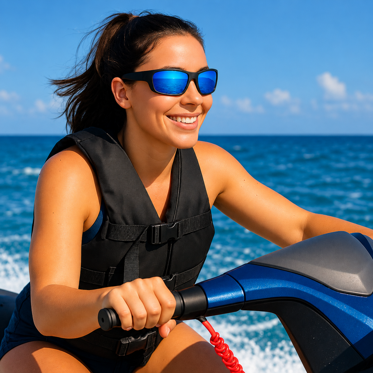 A woman wearing blue mirrored sunglasses and a black life vest rides a blue and gray jet ski on the ocean with a clear blue sky in the background.