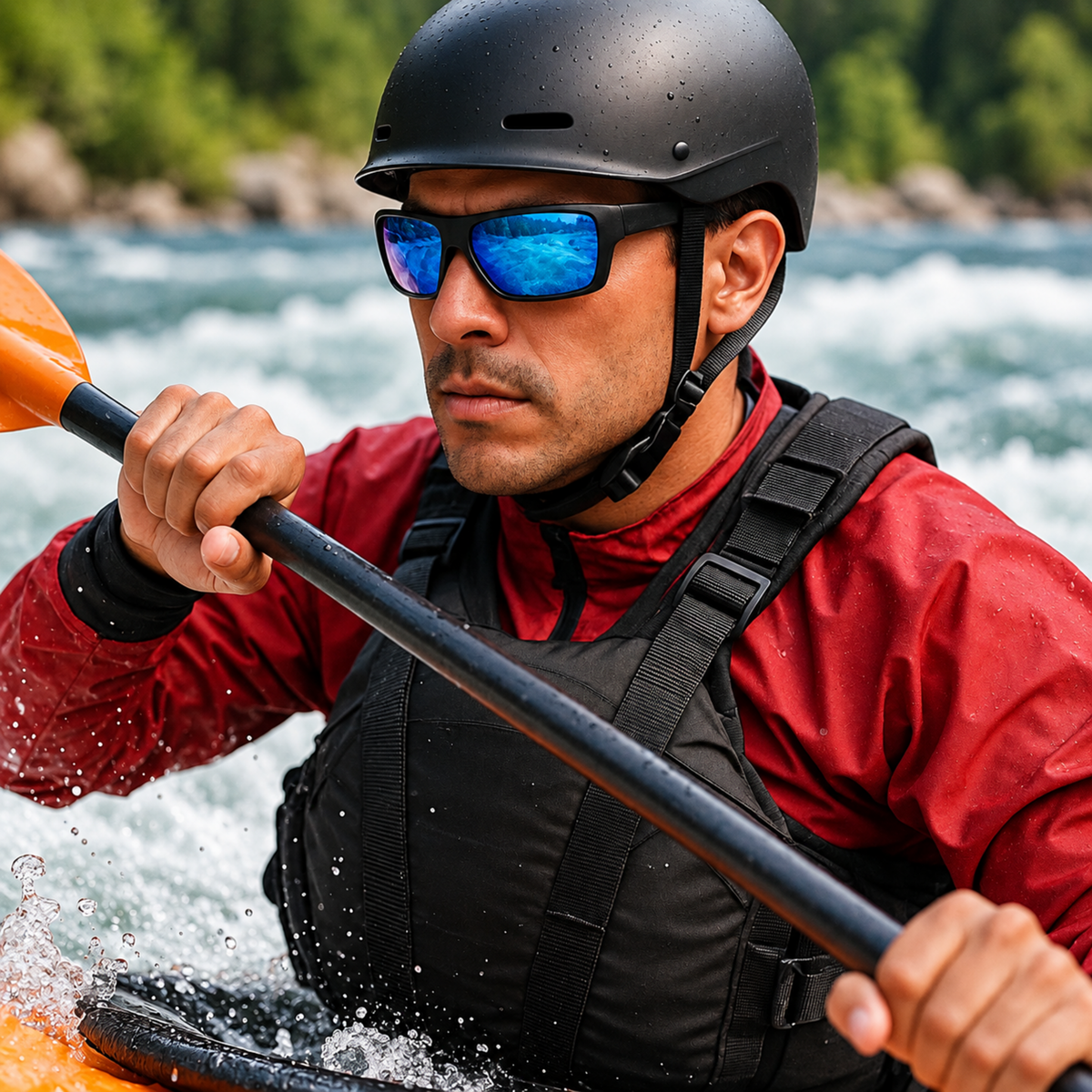 A man in a black helmet and blue mirrored sunglasses paddling in a kayak on white water, wearing a red shirt and black life vest.