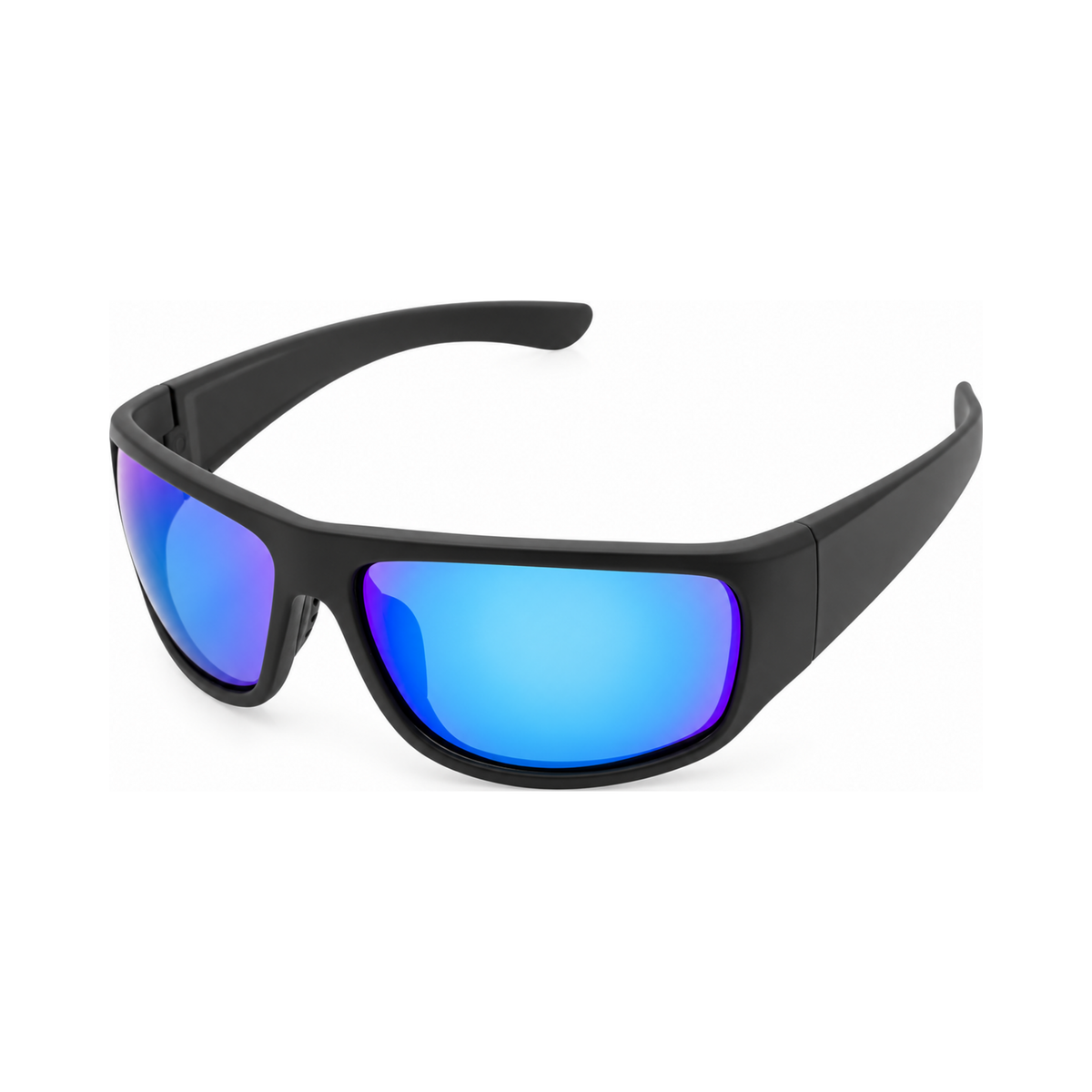 Black wrap-around sunglasses with vibrant blue mirrored lenses, shown from a three-quarters angle on a solid white background.