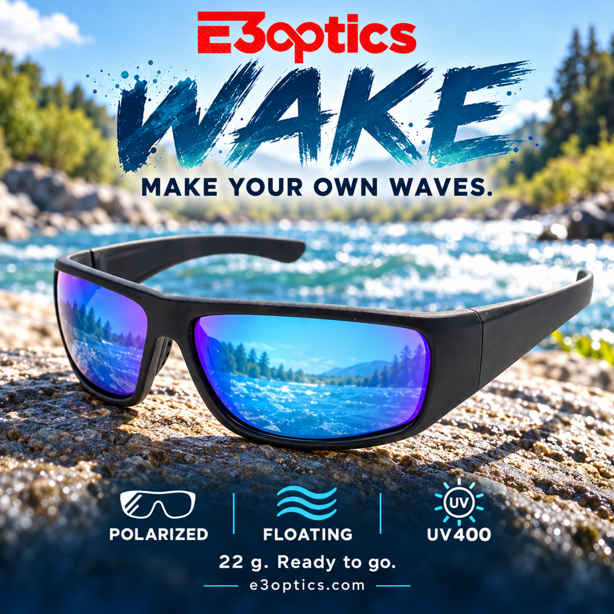 E3optics Wake polarized sunglasses with a matte black frame and blue-purple mirrored lenses, resting on a rock with a river and forest background. The image features promotional text and feature icons for 'Polarized', 'Floating', and 'UV400'.
