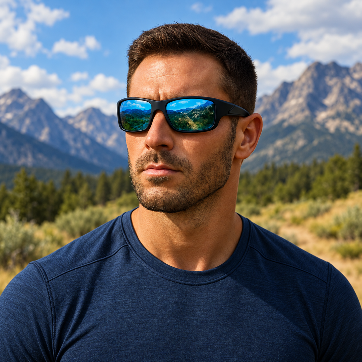 A man wearing black sunglasses with reflective blue-green lenses and a navy blue t-shirt, set against a scenic mountain background.
