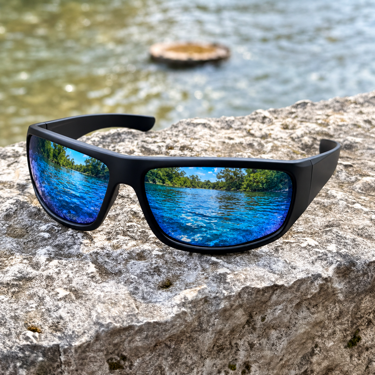 Black wraparound sunglasses with mirrored blue water-and-forest lenses, resting on a textured stone surface with water in the background.