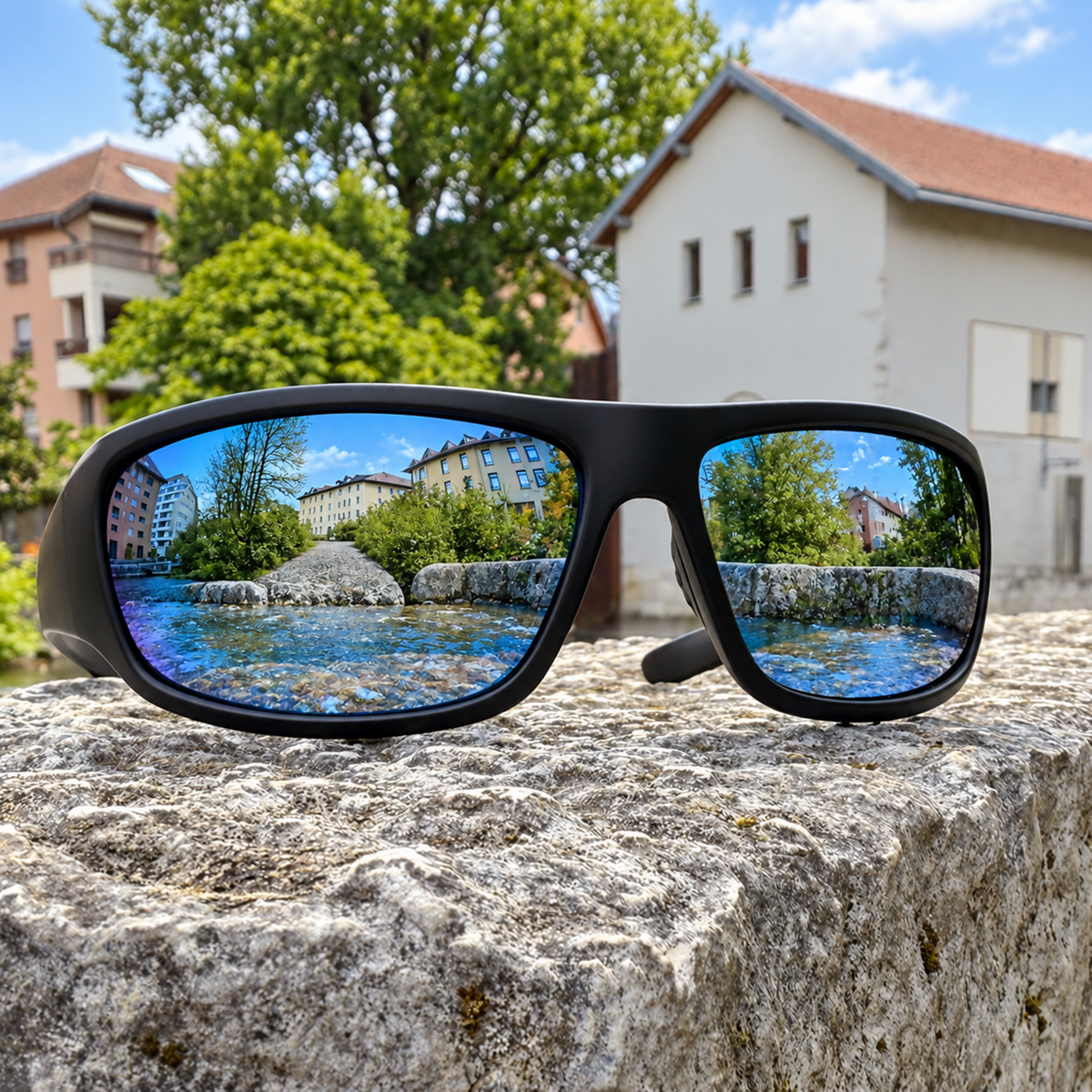 Black square sunglasses with mirrored blue-purple reflective lenses, resting on a rough stone wall outdoors with a blurred building and trees in the background.