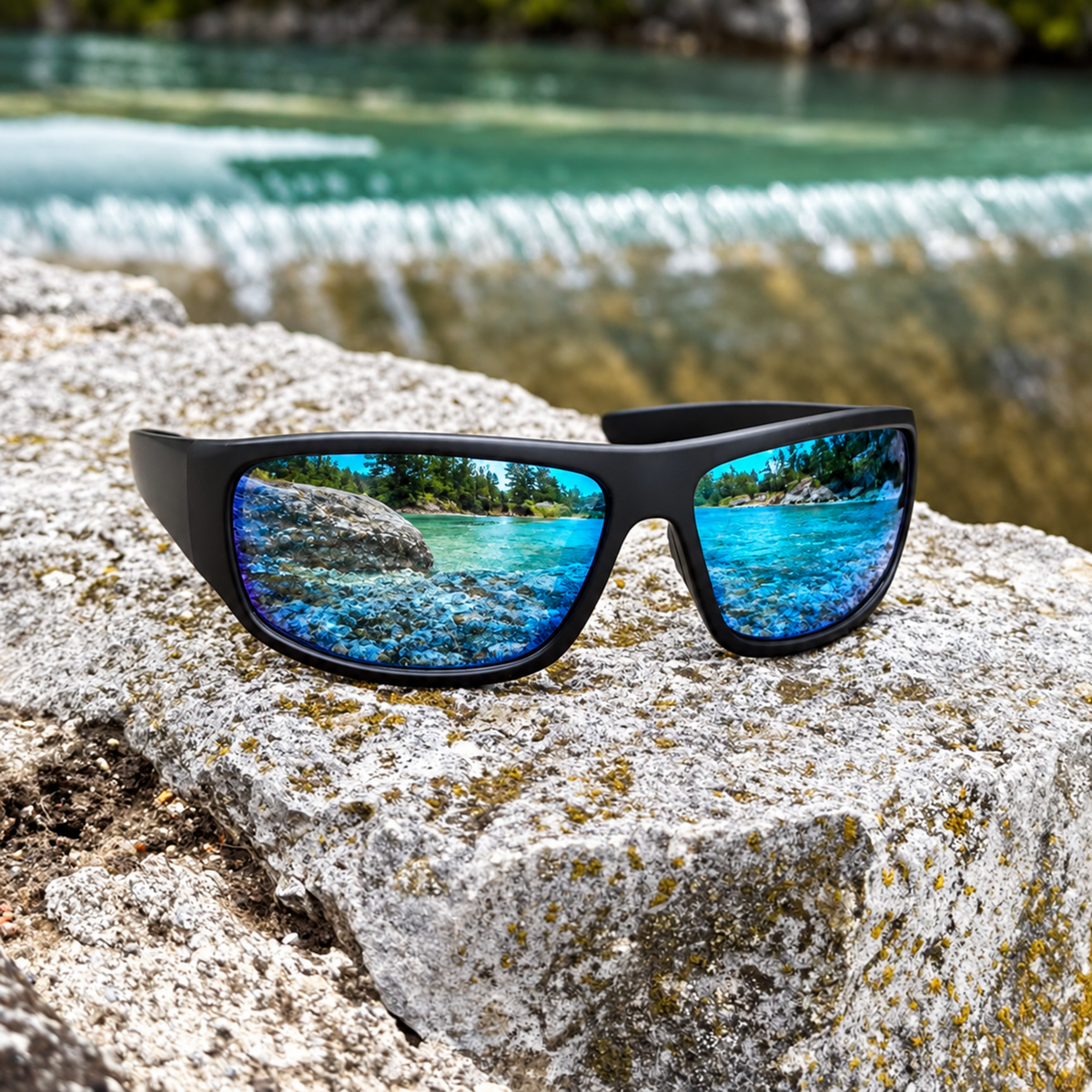 Black square sunglasses with mirrored blue water reflections, resting on a textured gray stone with a blurred natural lake background.