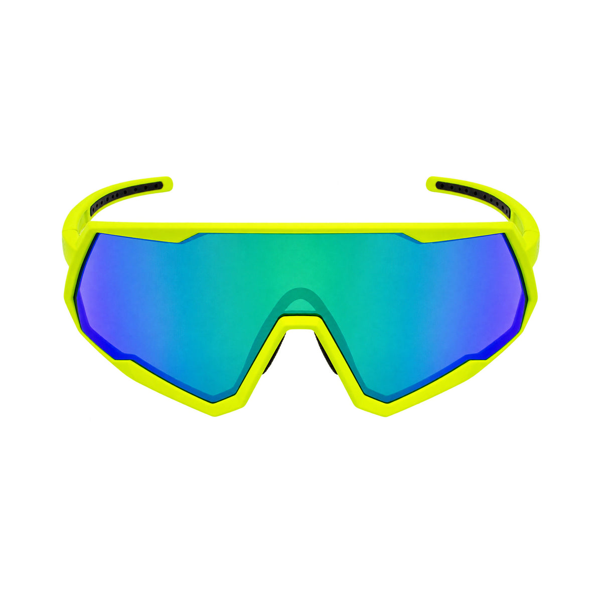 Sport sunglasses with a bright neon yellow frame and a large shield lens featuring a blue-to-purple mirrored gradient, shown on a plain white background.