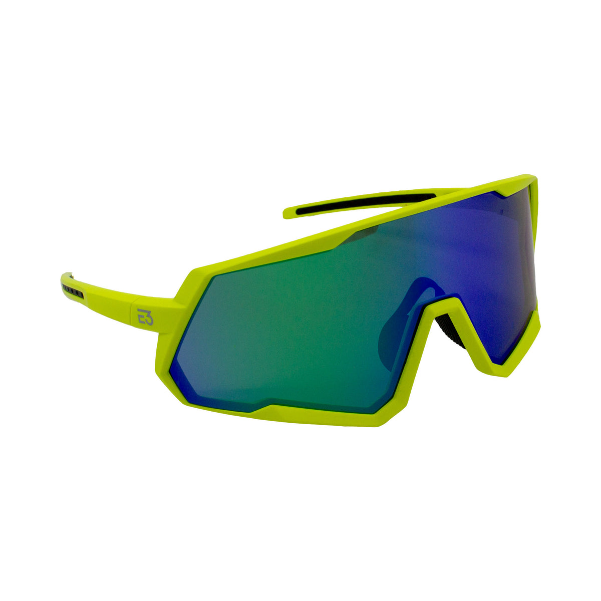 Sport sunglasses with a bright neon yellow frame and a mirrored green-to-blue lens, shown on a plain white background.