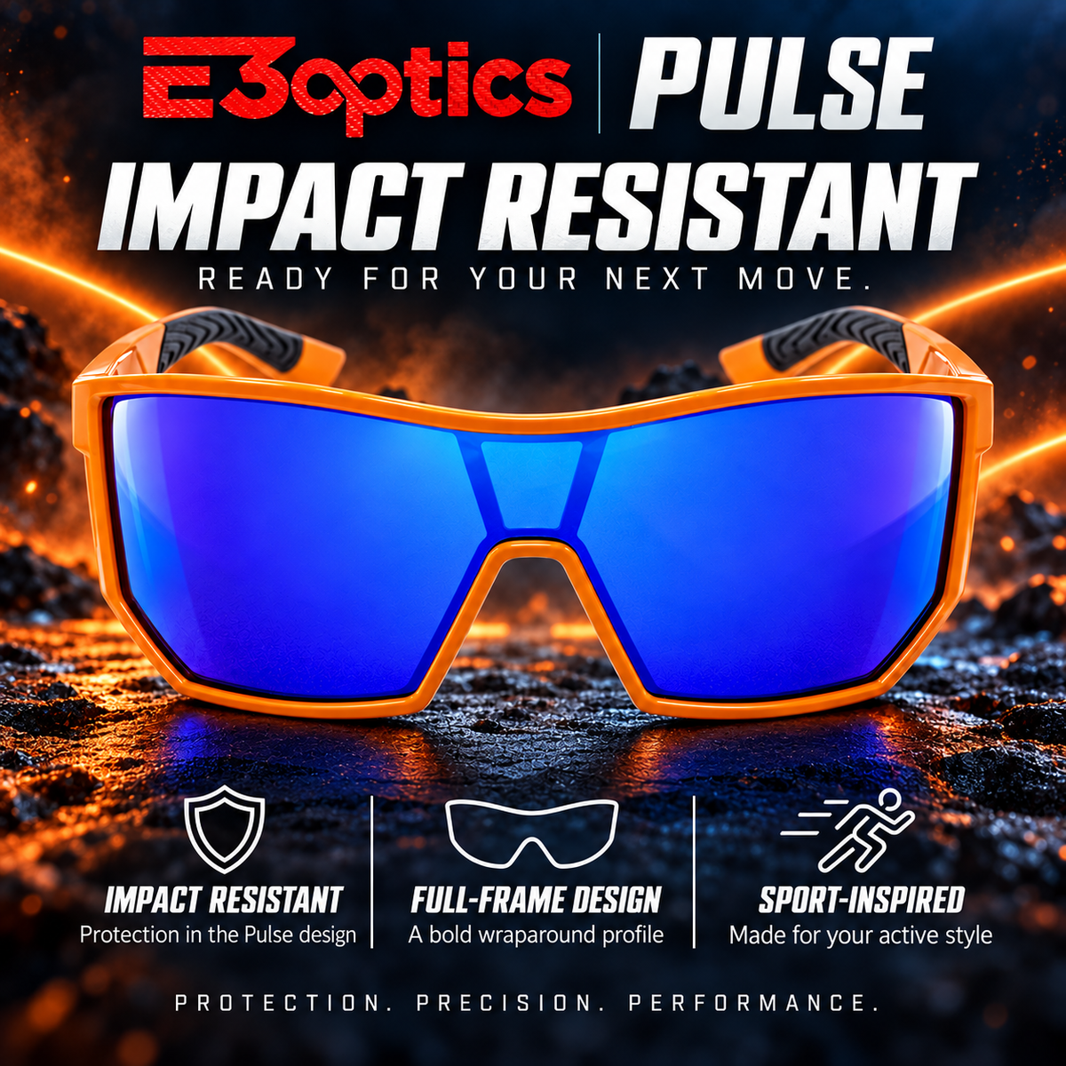 E3 Optics Pulse impact resistance graphic featuring orange-frame sunglasses with a blue mirrored shield lens.