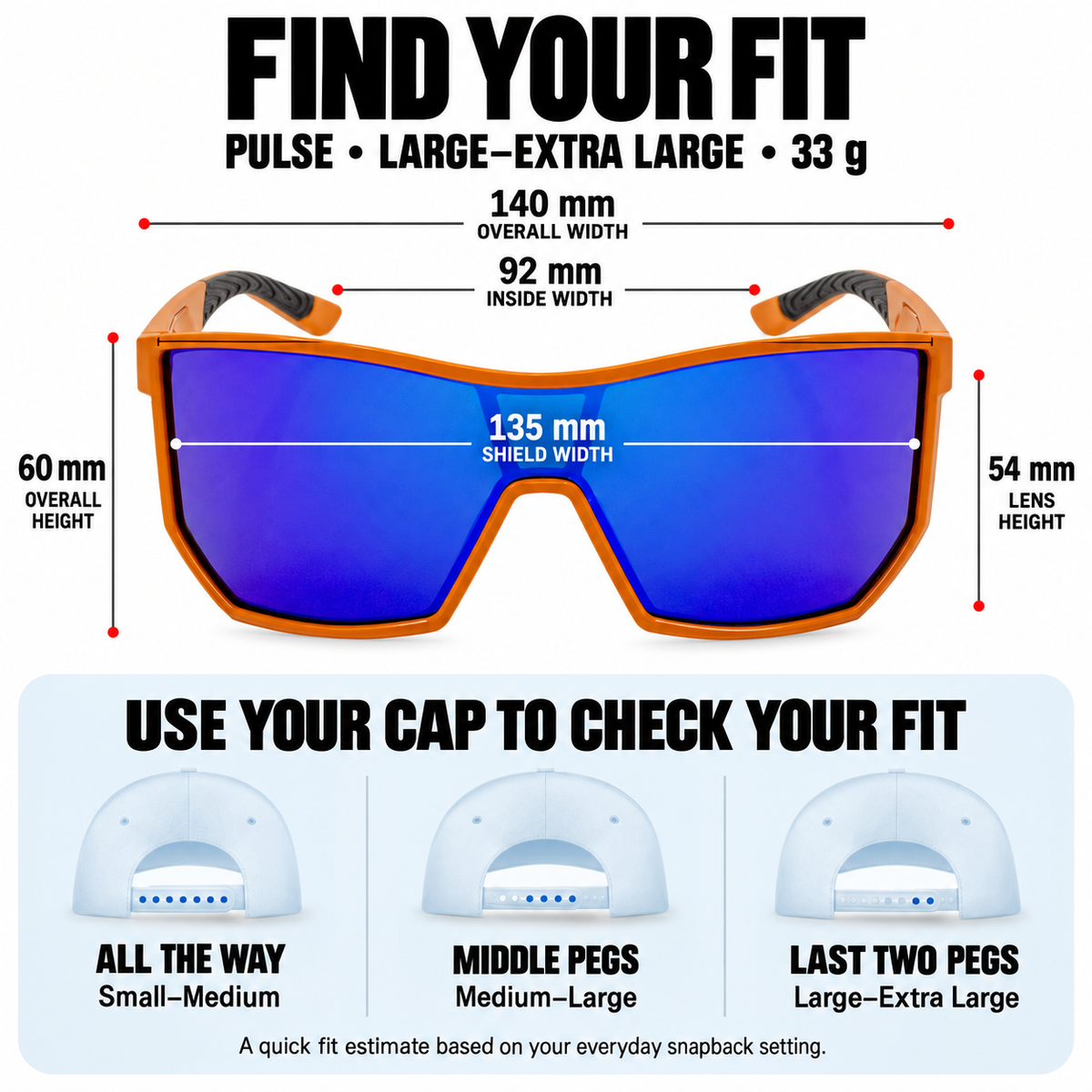Pulse fit guide: large to extra large, 33 grams, 140 mm overall width, with lens measurements and cap sizing tips.