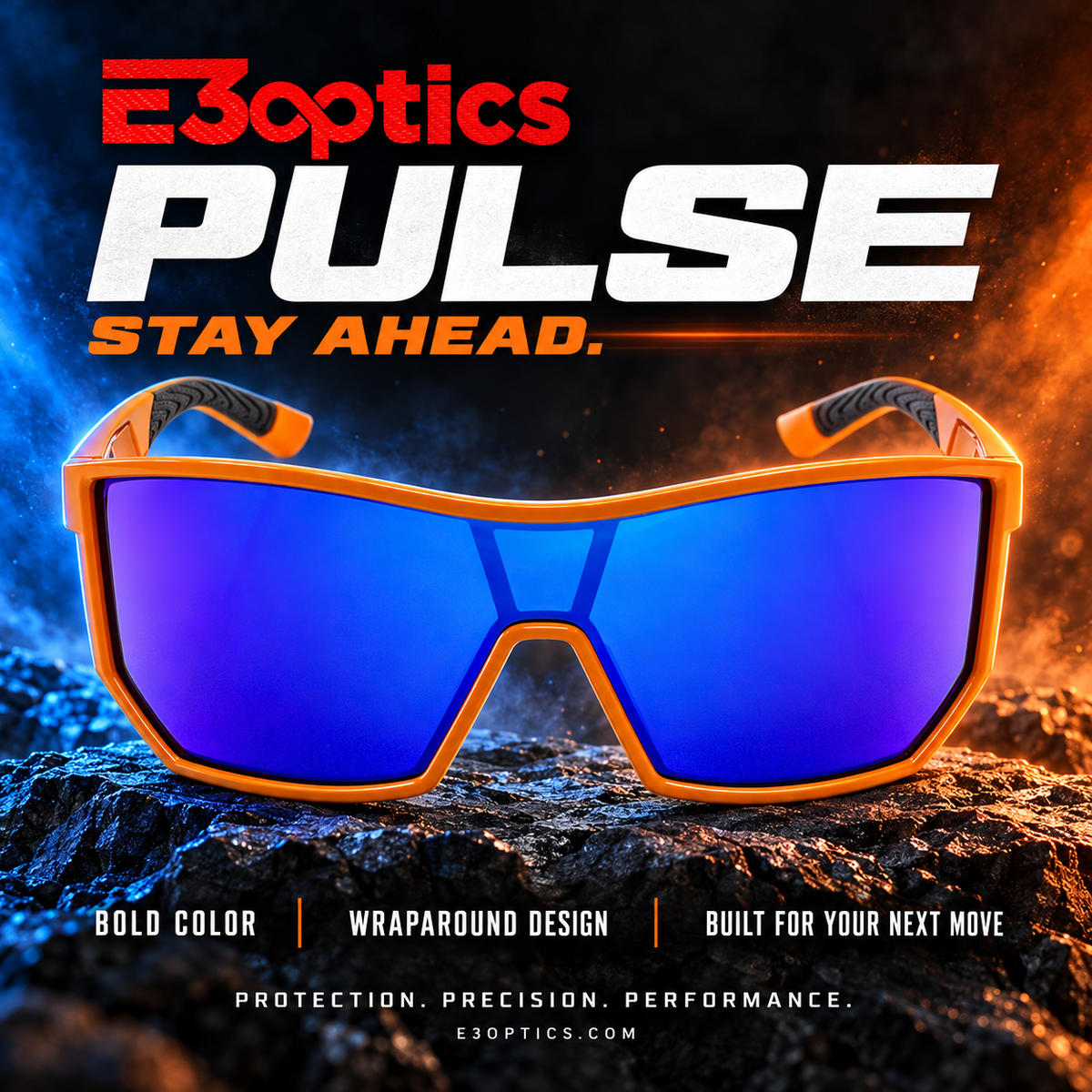 E3 Optics Pulse Stay Ahead campaign graphic featuring orange-frame sunglasses with a blue mirrored lens.