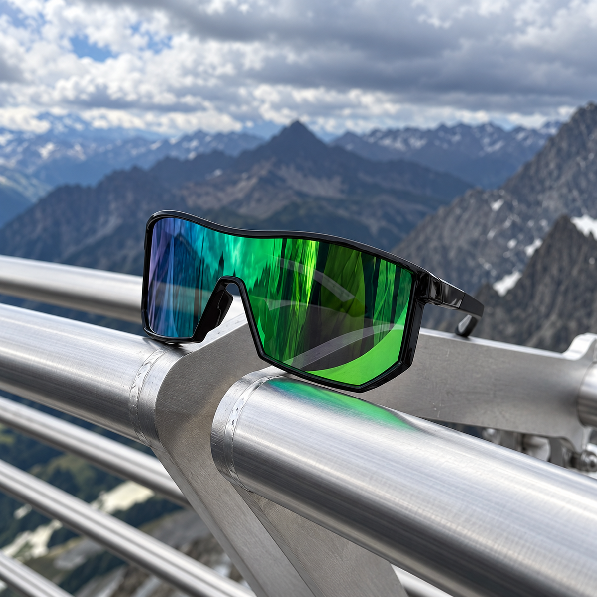 Black-frame E3 Optics Pulse sunglasses with a green mirrored lens on a metal railing overlooking alpine mountains.