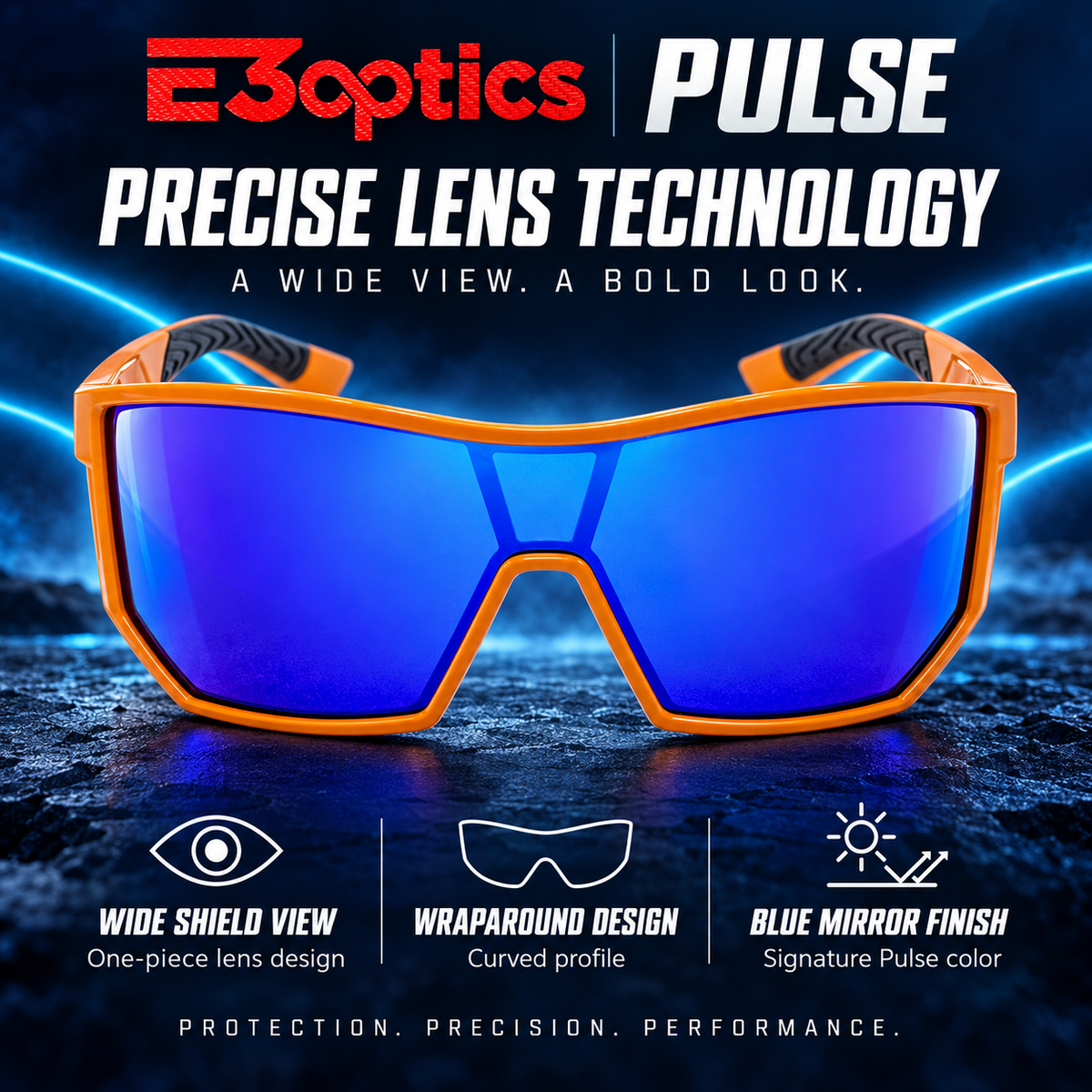 E3 Optics Pulse precise lens technology graphic featuring orange-frame sunglasses with a blue mirrored lens.