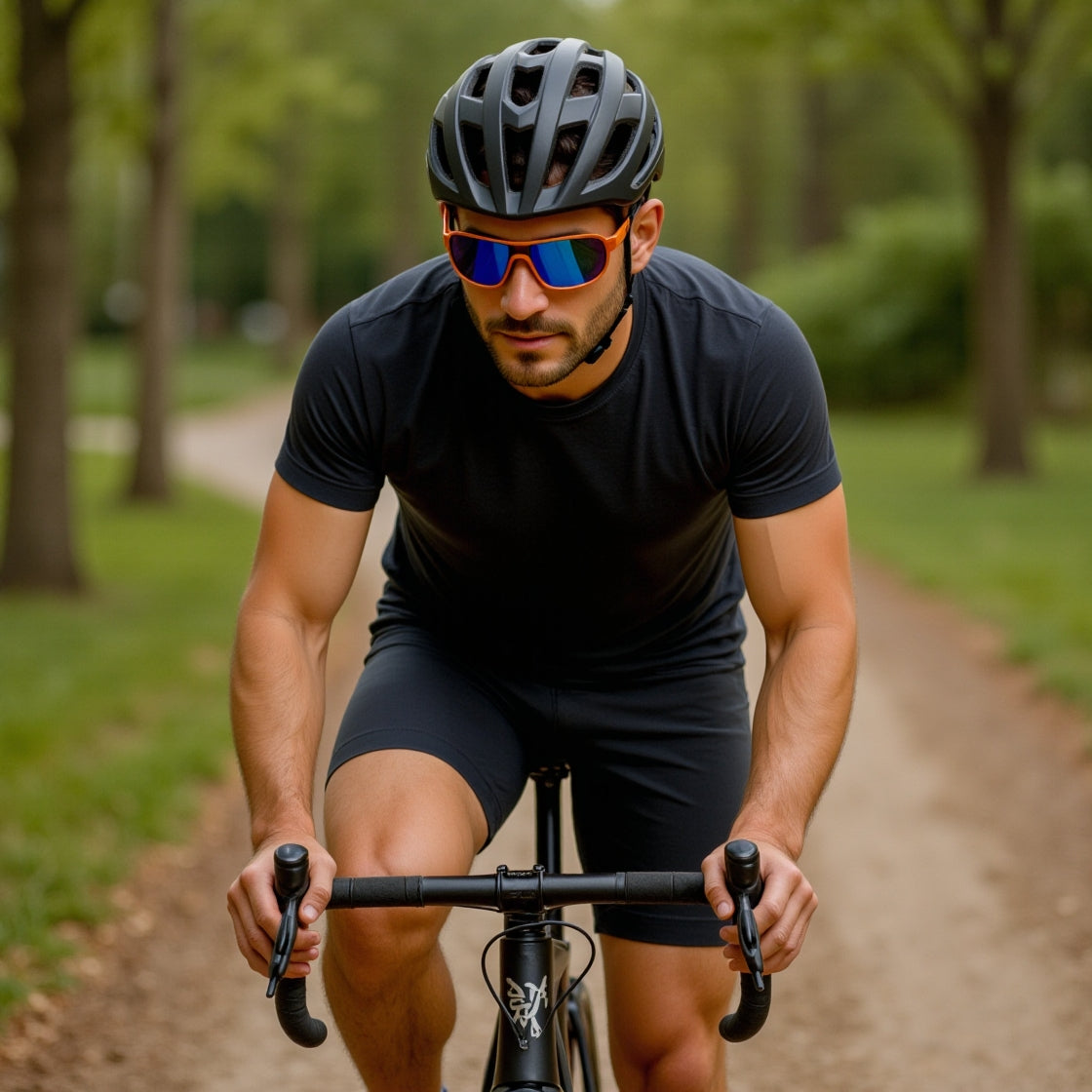 Male cyclist riding on a wooded trail wearing E3 Optics E5 sport sunglasses with blue mirror lenses and orange frames