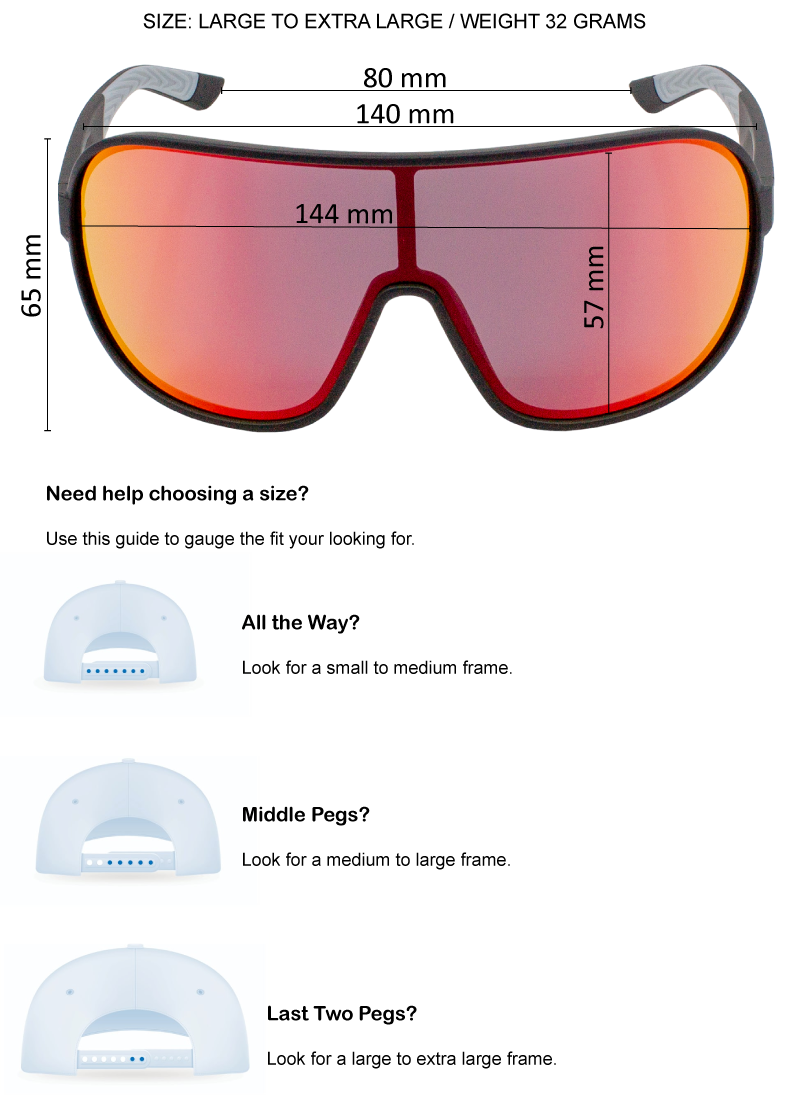 Sunglasses with size guide and measurements on a white background