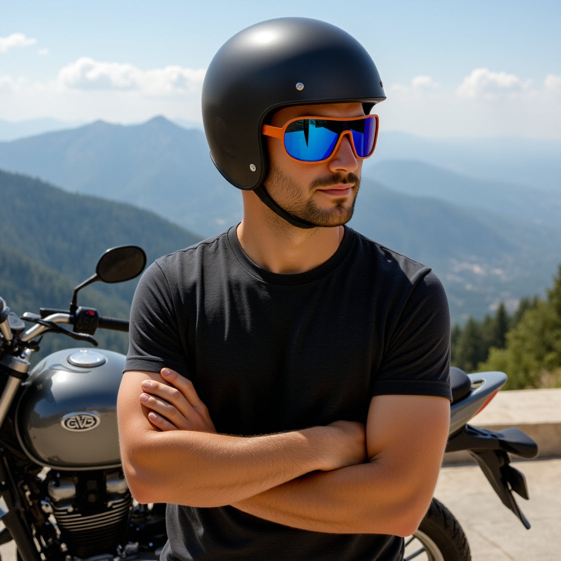 Man with helmet sitting on motorcycle at mountain overlook wearing E3 Optics E5 blue mirror lens sunglasses with orange frames
