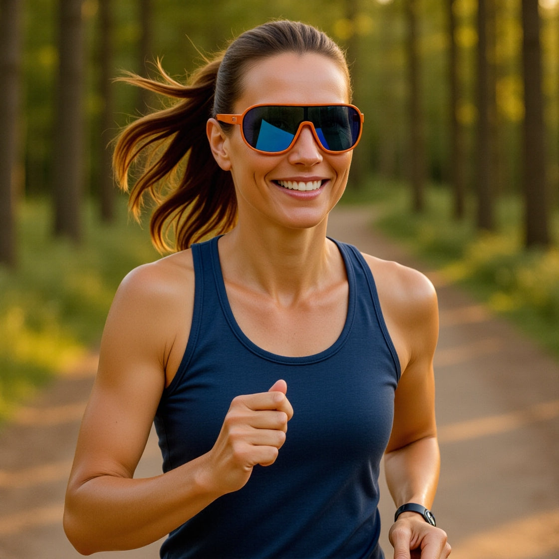 Female athlete running outdoors on a forest trail wearing E3 Optics E5 orange sports sunglasses with blue mirror lenses