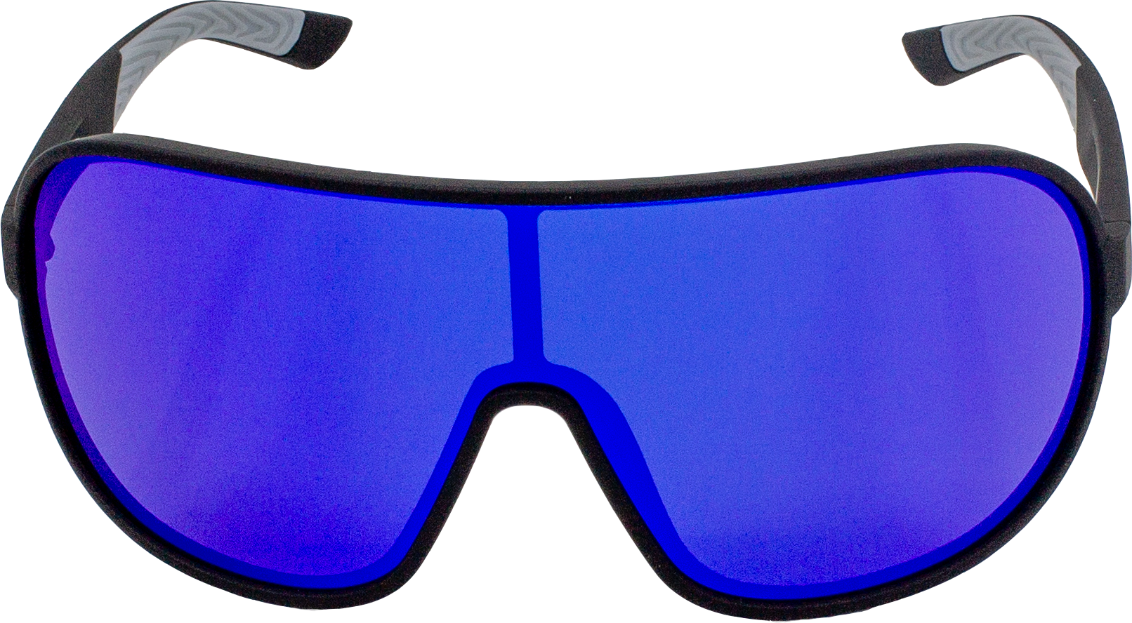 E5A8 sunglasses with black TR90 frame and blue mirrored shield lens, sport performance eyewear.