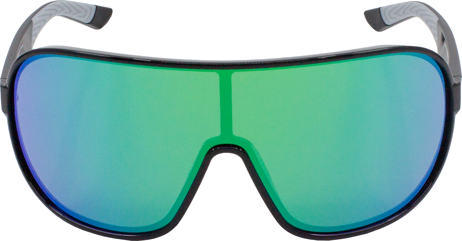 E5C11 sunglasses with black frame and green mirrored shield lens, impact-resistant outdoor sports eyewear.