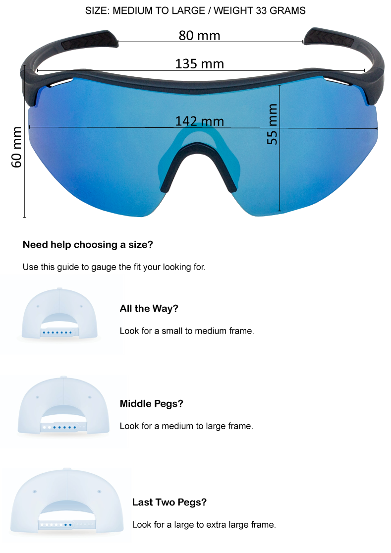 Goggles with size guide and measurements on a white background