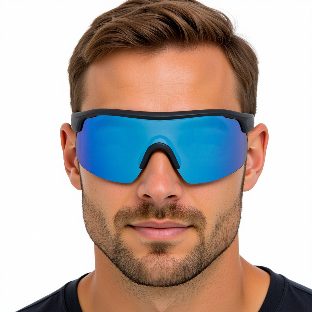 Man wearing blue reflective sunglasses on a white background