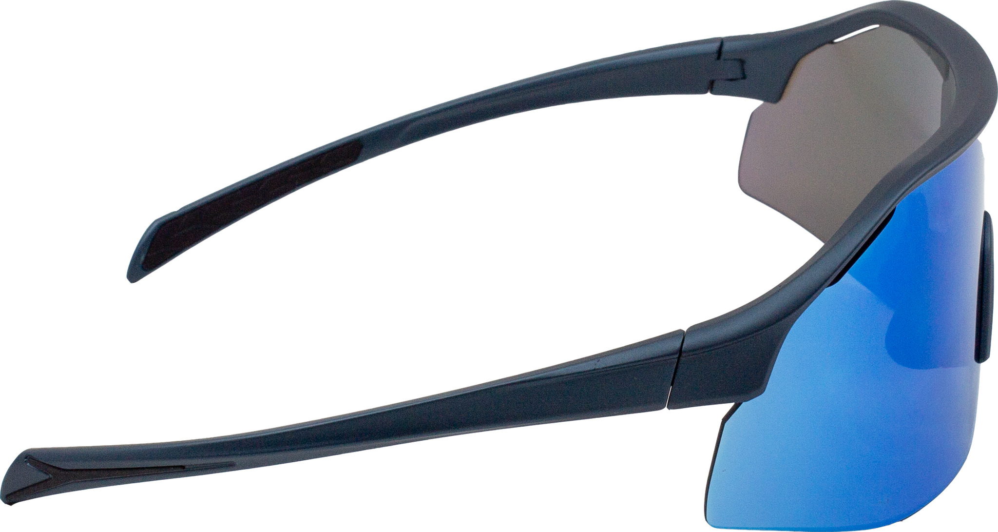 E3 Optics E7-QH Sunglasses – Blue Mirror Lens, Matte Blue Frame, Left Side View
