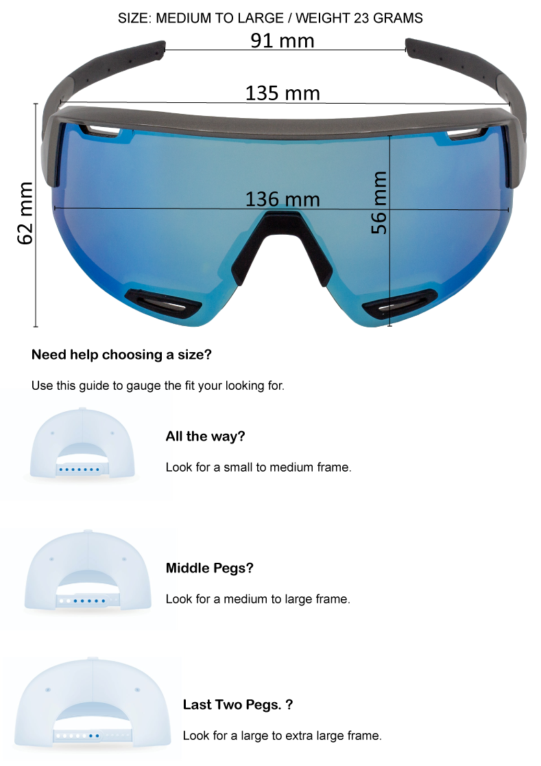 Goggles with size guide measurements and fitting instructions on a white background
